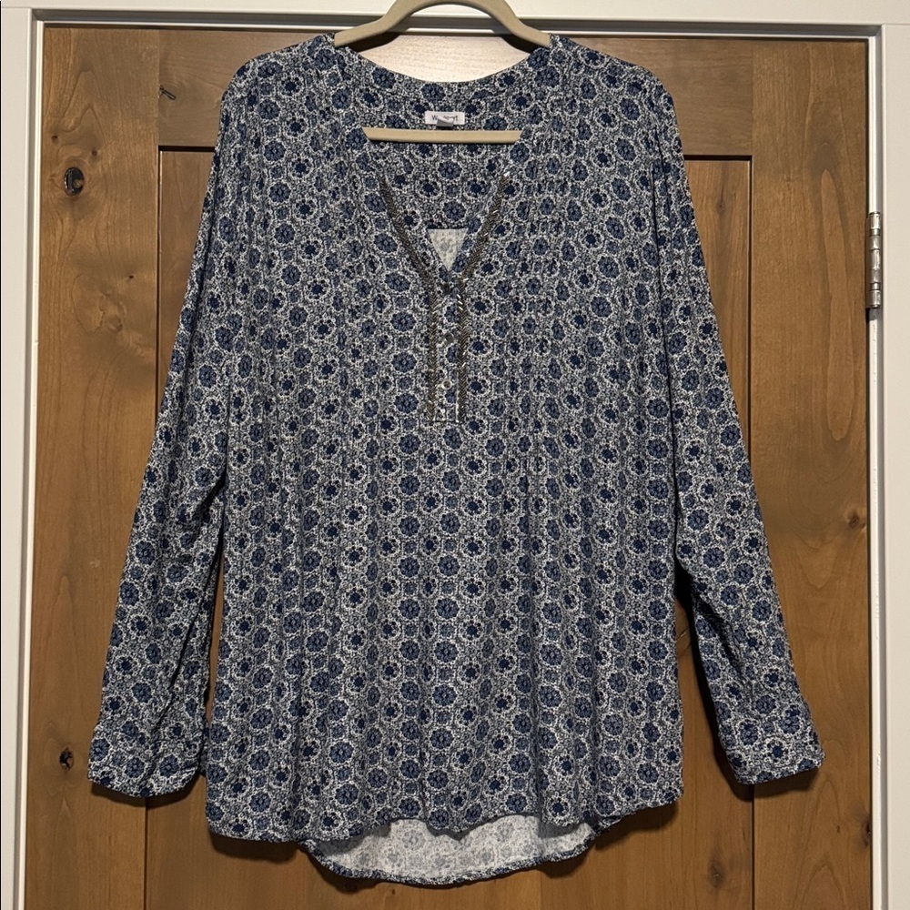 Westport peasant prairie blouse Womens 3X Plus size kaleidoscope pattern blue